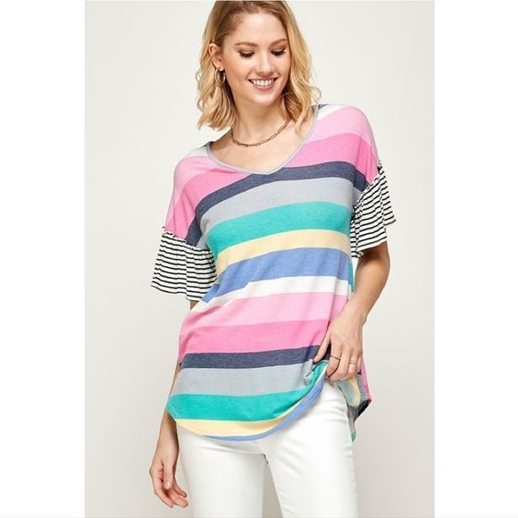 Pink Multi-Stripe Round Bottom Raffle Sleeve Top - Picture 5 of 6